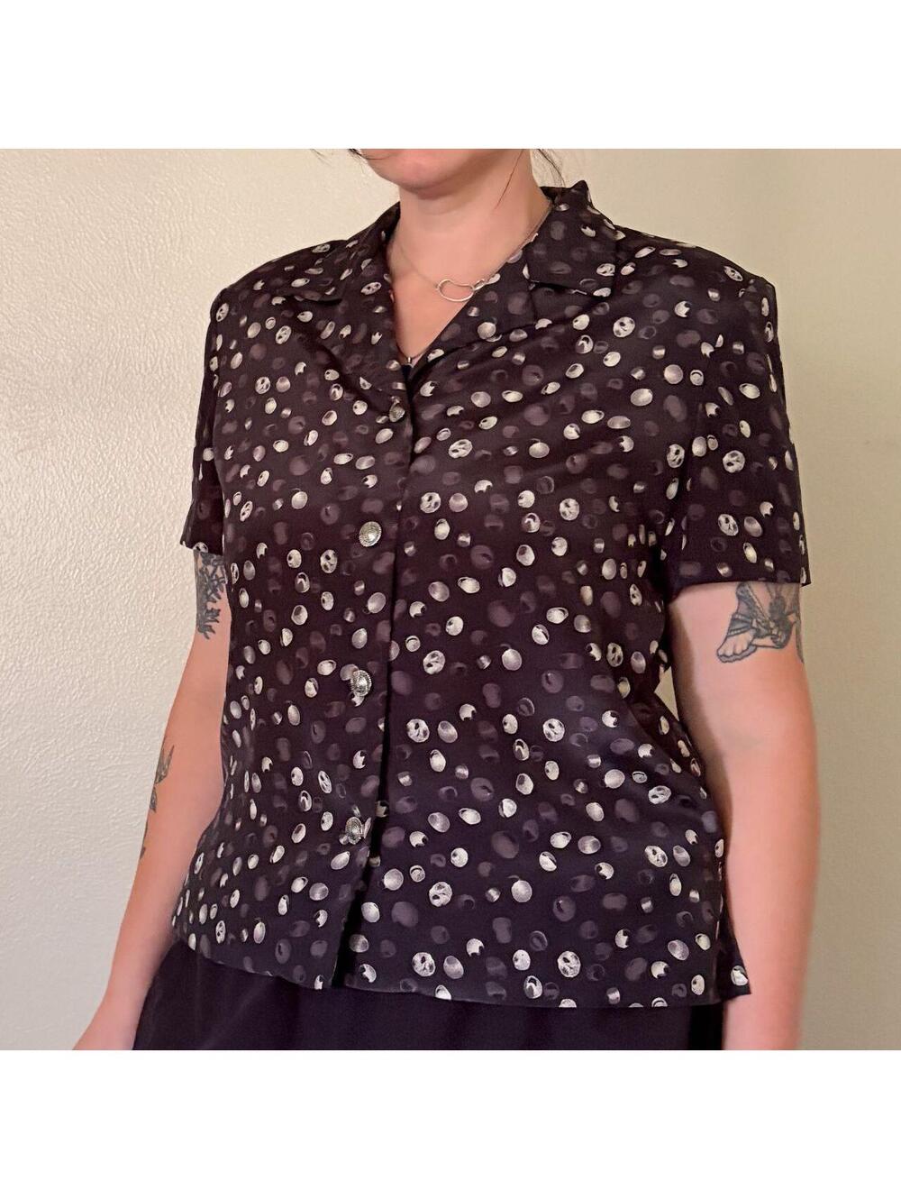 Polka Dot Top Black White Cream 90s Short Sleeve Button Up Size 12